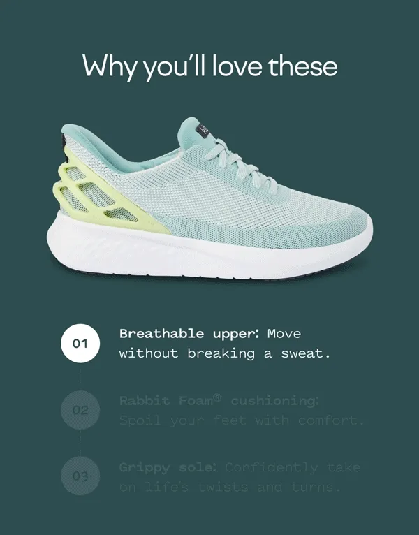 Why you'll love these: Breathable upper. Rabbit Foam. Grippy Sole.