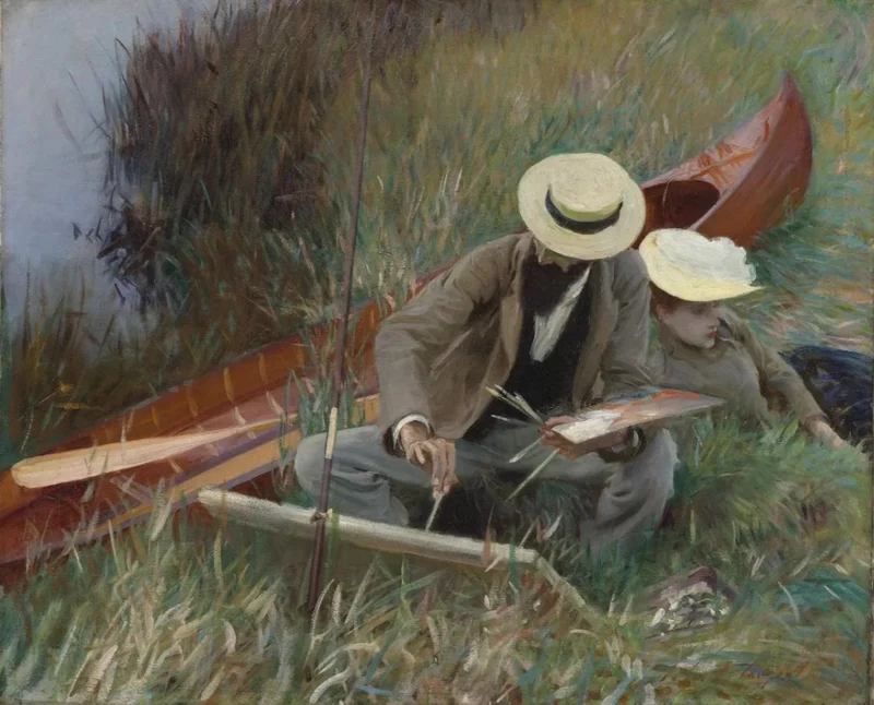 Painting of a man painting outdoors near a canoe, with a woman reclining beside him