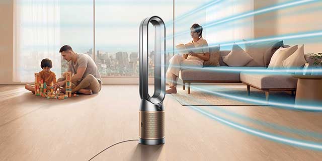 Dyson purifier treating the air in a living room.