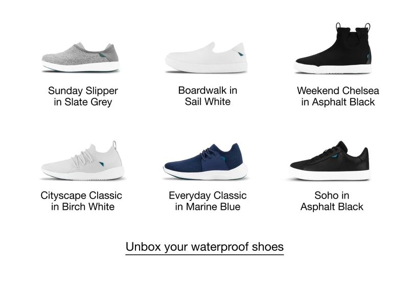 Product grid of some Vessi shoes: Sunday Slipper in Slate Grey, Boardwalk in Sail White, Weekend Chelsea in Asphalt Black, Cityscape Classic in Birch White, Everyday Classic in Marine Blue, and Soho in Asphalt Black. Unbox your waterproof shoes.