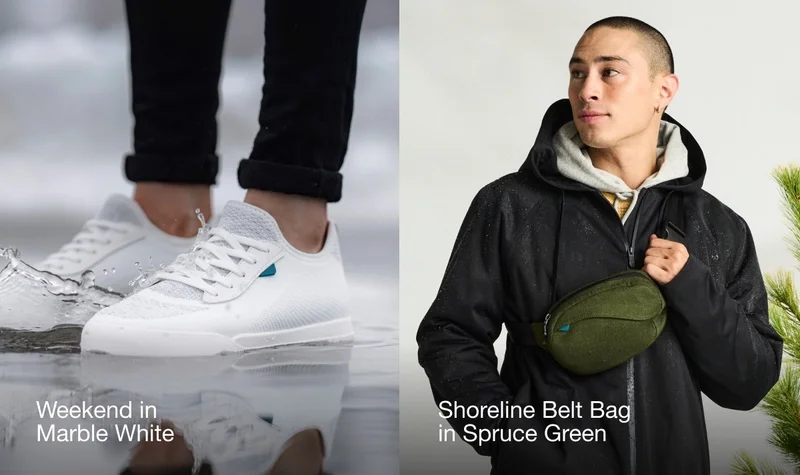 Graphic image of someone stepping in a puddle wearing their Weekends in Marble White and someone wearing their Shoreline Belt Bag in Spruce Green.