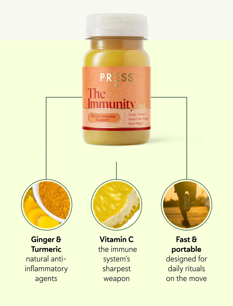 ✔ Ginger & Turmeric – natural anti-inflammatory agents ✔ Vitamin C – the immune system’s sharpest weapon ✔ Fast & portable – designed for daily rituals on the move