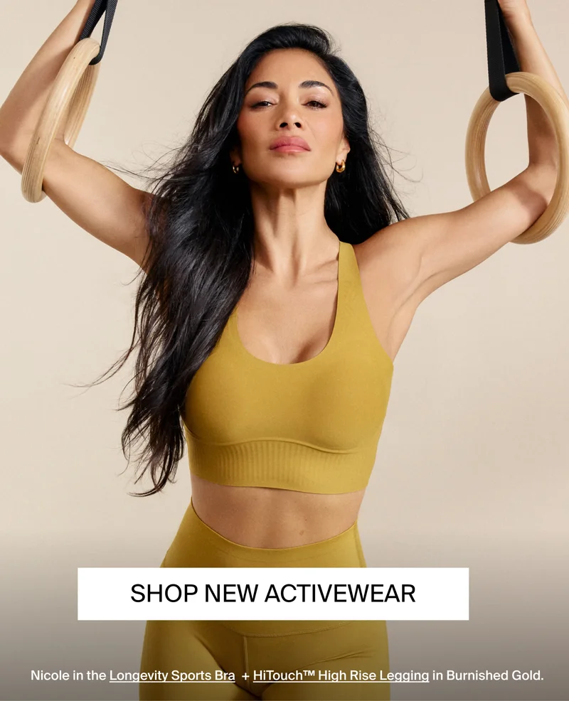 SHOP NEW ACTIVEWEAR. Nicole in the Longevity Sports Bra + HiTouch High Rise Legging in Burnished Gold.