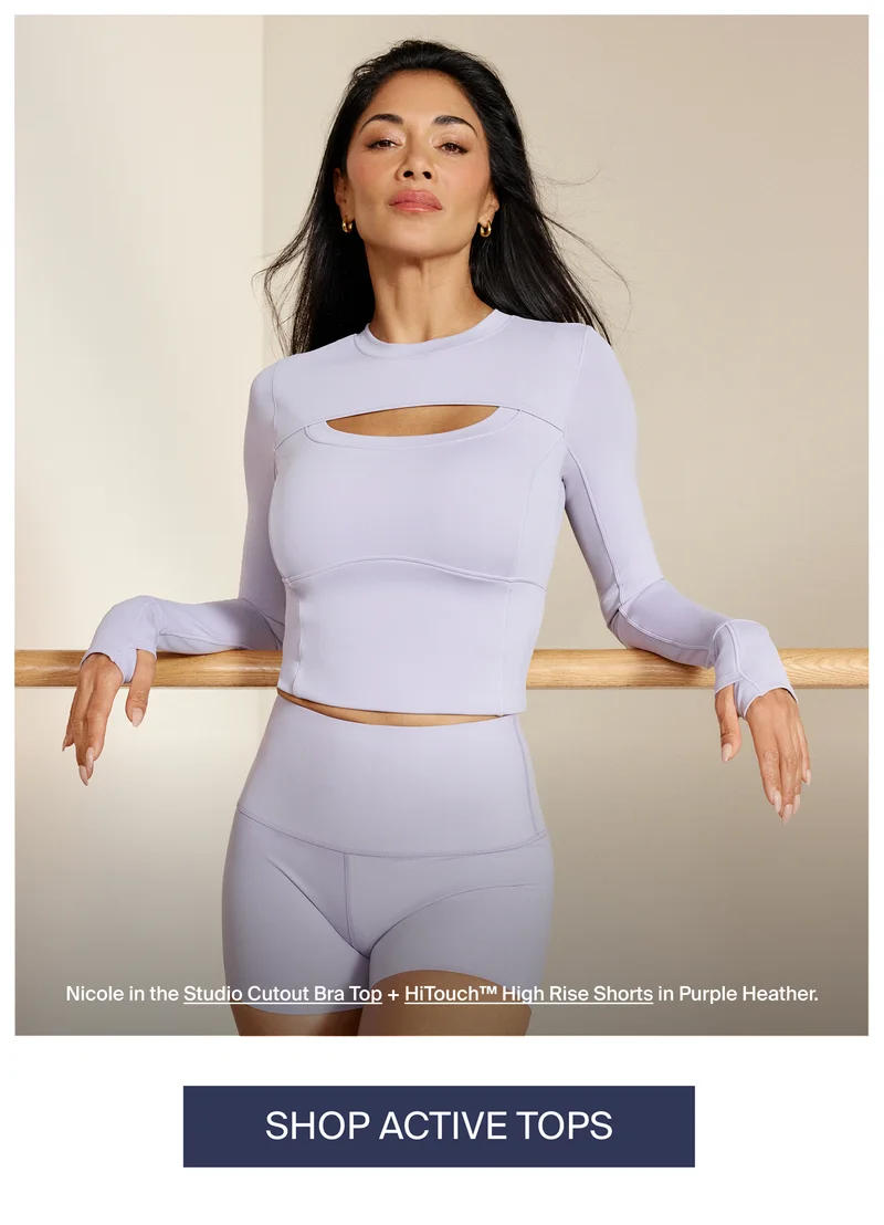 Nicole in the Studio Cutout Bra Top + HiTouch High Rise Shorts in Purple Heather