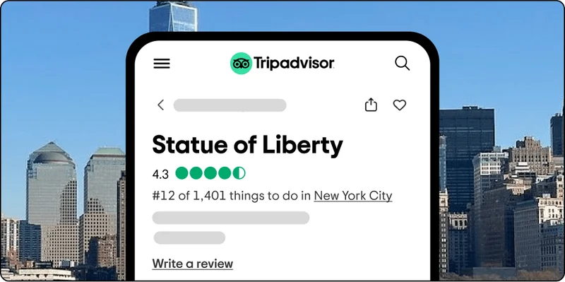 Image Description: Phone screen with Statue of Liberty attraction page showing bubble rating overlaid on a photo of the New York City skyline.