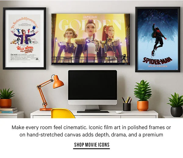 Make every room feel cinematic. Iconic film art in polished frames or on hand-stretched canvas adds depth, drama, and a premium theater-worthy finish. - Shop Movie Icons