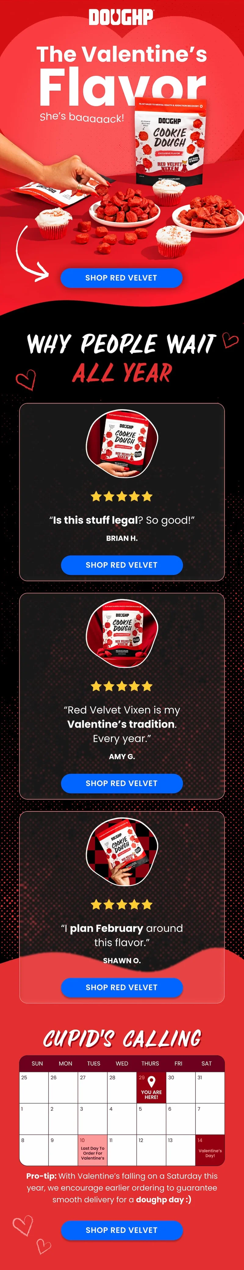 Doughp Valentine’s email featuring the limited-time Red Velvet Vixen cookie dough drops, customer reviews, and a “Shop Red Velvet” call-to-action.