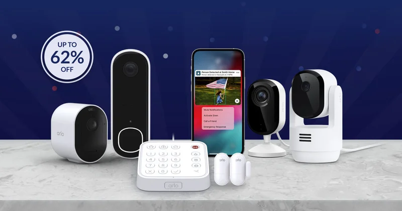 Arlo Video Doorbell and Pro 3 Wireless Floodlight Camera mounted on the exterior of a home. Simulated Arlo Secure screen image shows a notification with animated preview and event descriptions of a family on the front porch from the view of a doorbell. Save up to 62%.