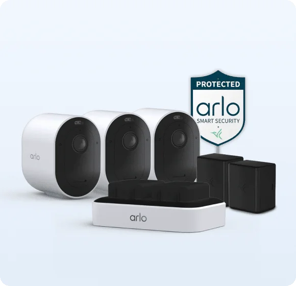 Three Arlo Pro 6 Wireless Security Cameras, an Arlo Yard Sign, and rechargeable batteries.