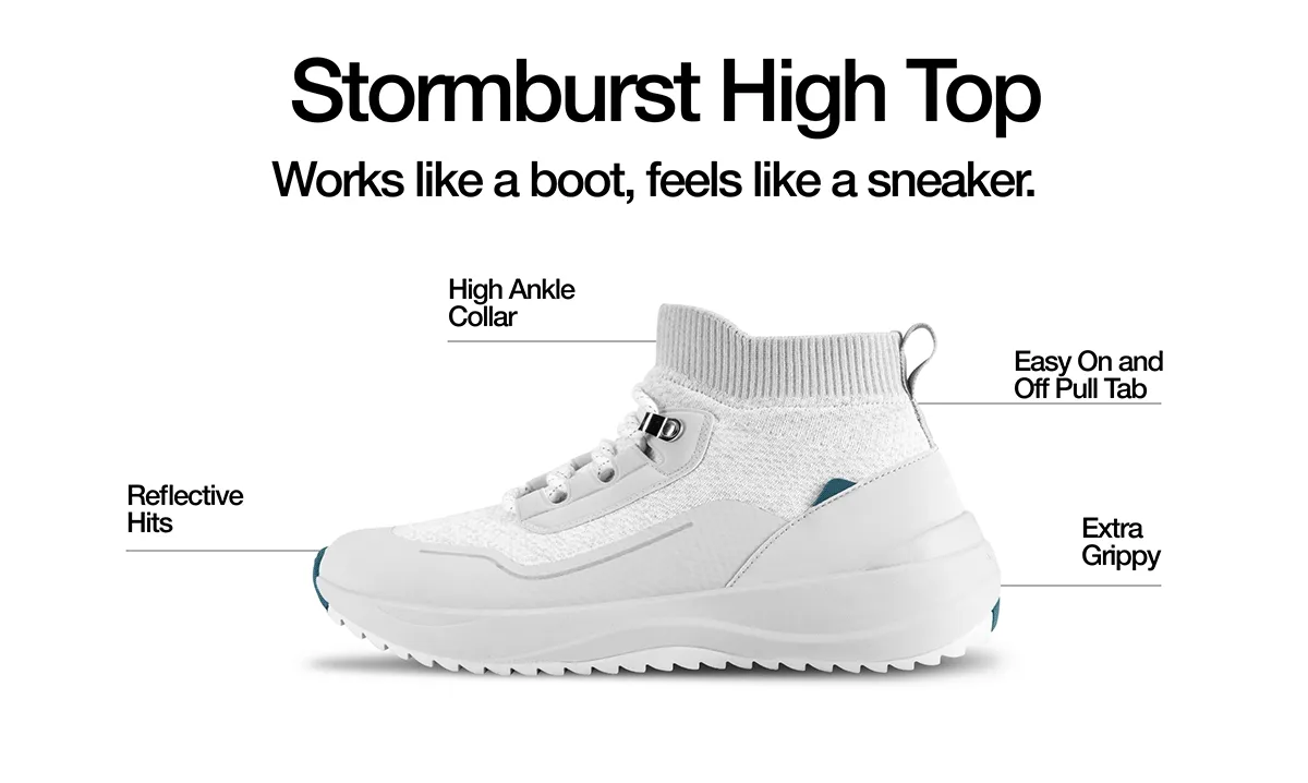 Stormburst High Top. Works like a boot, feels like a sneaker. Reflective Hits. High Ankle Collar. Easy On and Off Pull Tab. Extra Grippy.