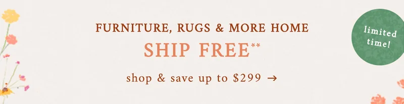 furniture, rugs and more home, ship free, shop and save up to $299, limited time!