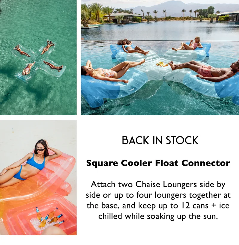 Back in Stock | Square Cooler Float Connector  Attach two Chaise Loungers side by side or up to four loungers together at the base, and keep up to 12 cans + ice chilled while soaking up the sun.