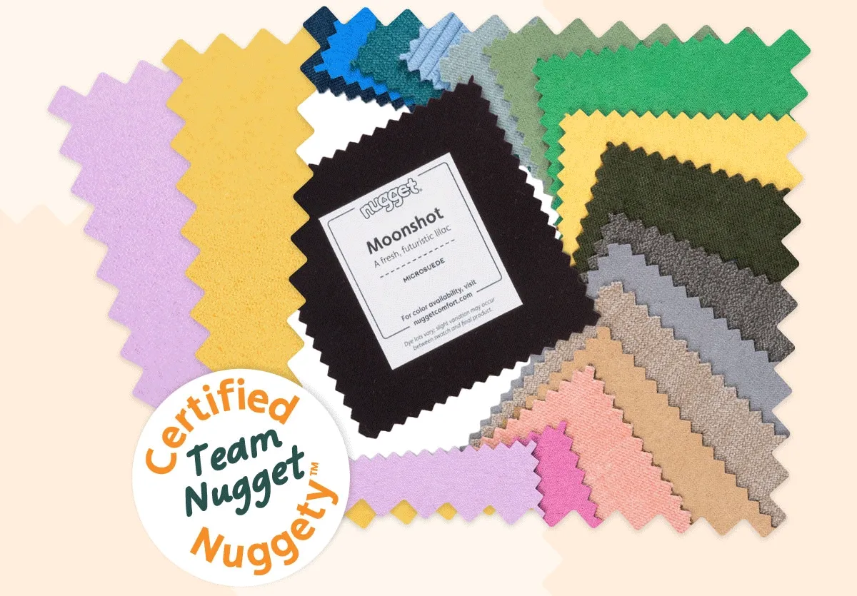 A rotating gif of all the Nugget fabrics as swatches, with Moonshot highlighted.