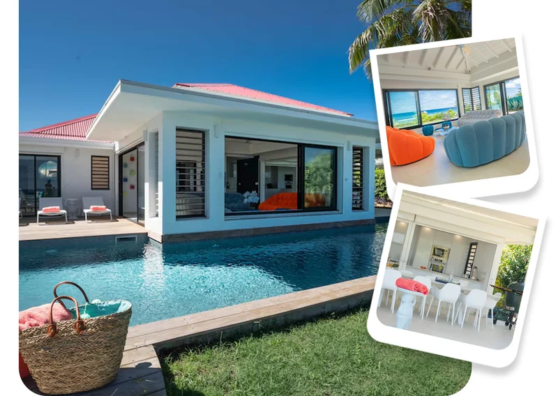 Modern coastal home with a pool, ocean-view lounge seating, and open dining area drenched in sunlight.