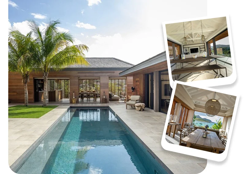 Tropical wood-clad home with a courtyard pool and indoor-outdoor dining spaces under palm trees.