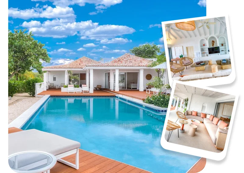 Bright island villa with a private pool, sprawling deck, and open-air living spaces under a blue sky.