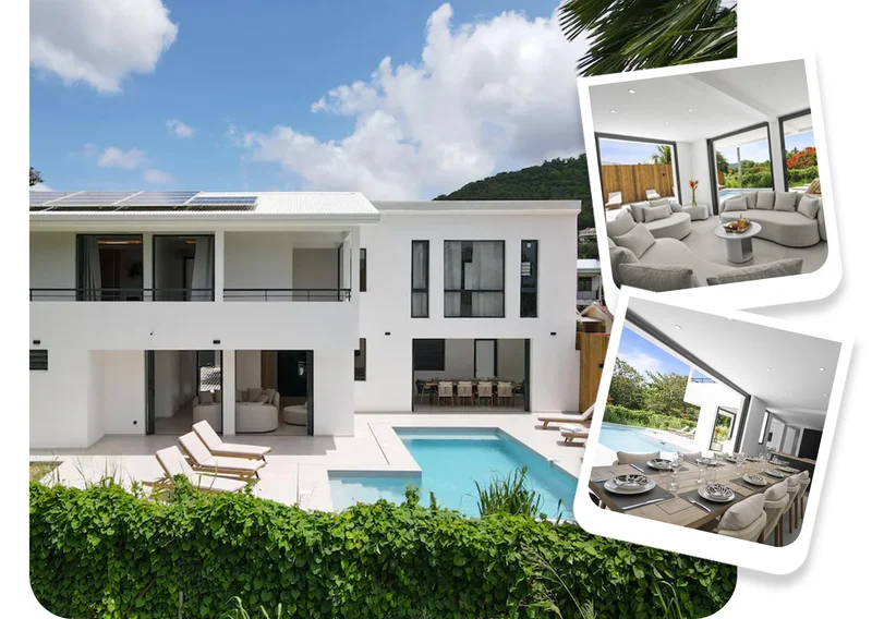 Modern white villa with a private pool, lounge chairs, and open living areas surrounded by lush greenery.