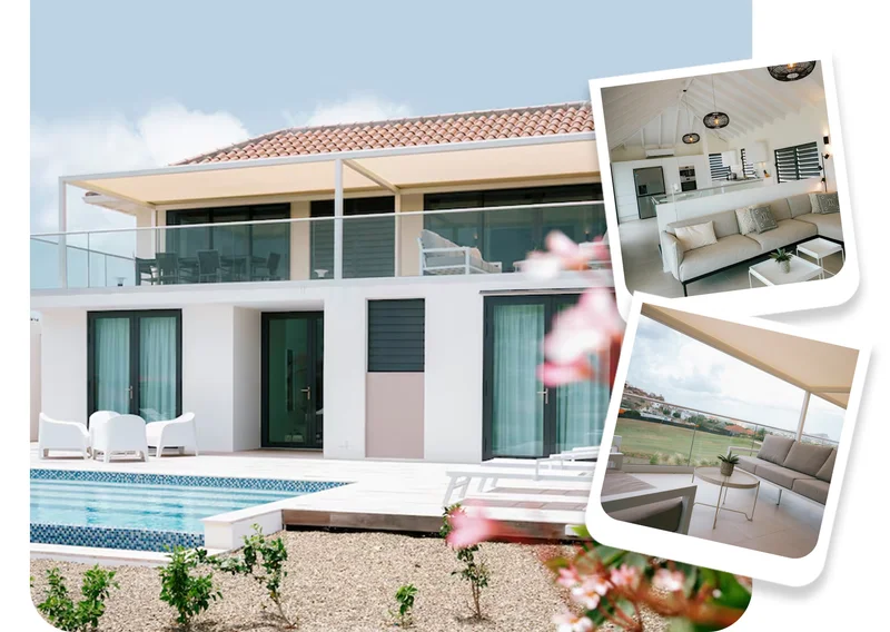 Contemporary island villa with a pool, upper terrace, and airy indoor-outdoor living spaces.