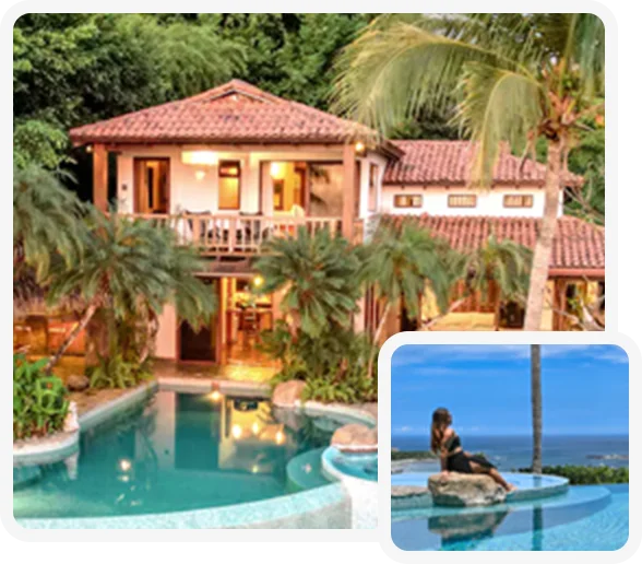 Tropical villa with terracotta roof, lush palms, and a lagoon-style pool near the ocean.