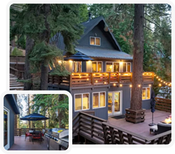 Charming cabin surrounded by tall trees, with string lights and a spacious outdoor deck.