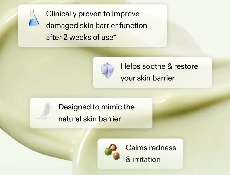 Clinically Proven To improve damaged skin barrier function after 2 weeks of use*.  Helps soothe & restore your skin barrier.  Designed to mimic the natural skin barrier.  Calms redness & irritation.