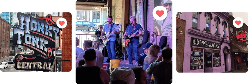 Image Description: An assorted reel of images featuring famous honky-tonks in Nashville, marked with “Saved” heart icons
