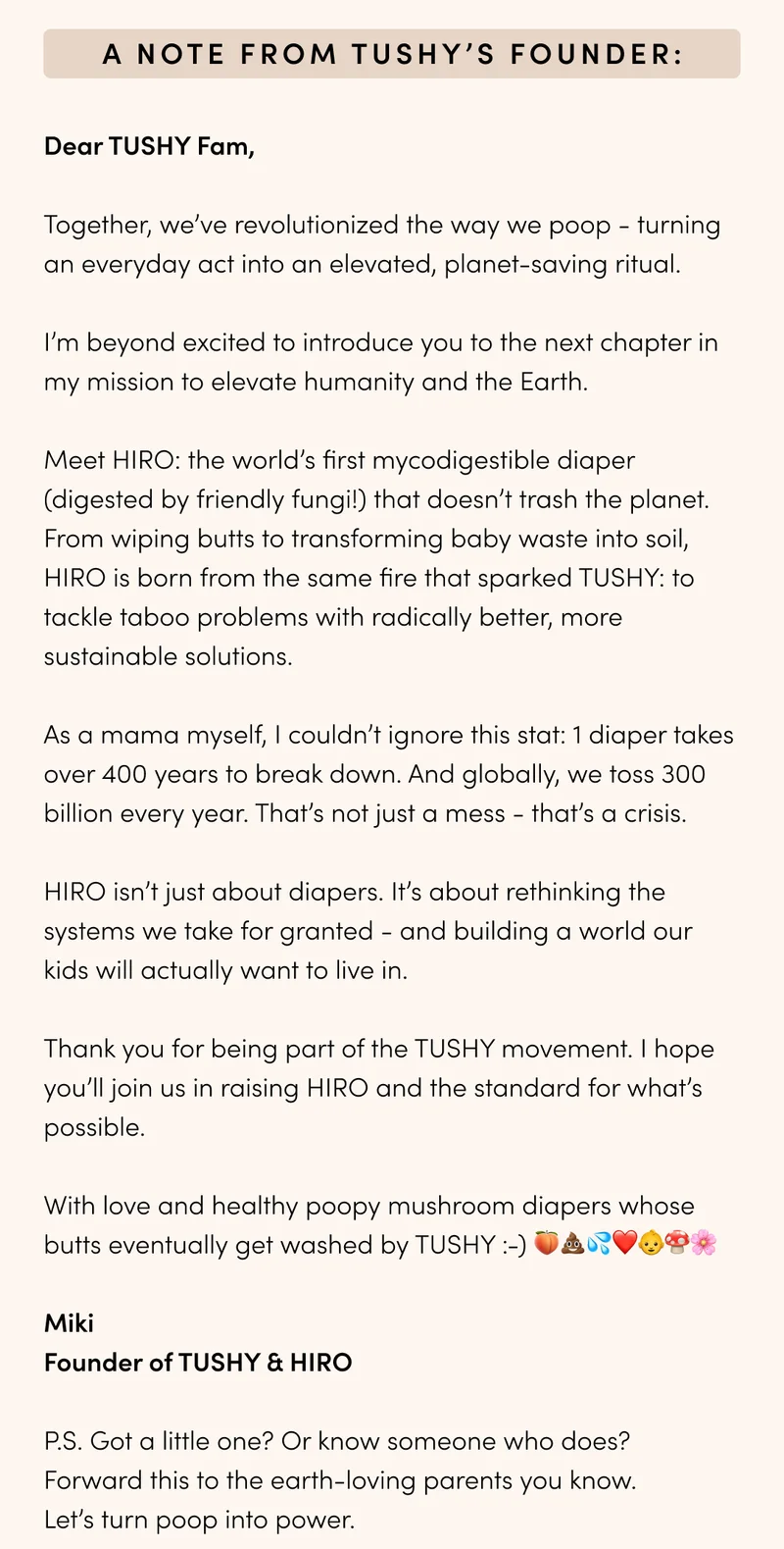A NOTE FROM TUSHY'S FOUNDER