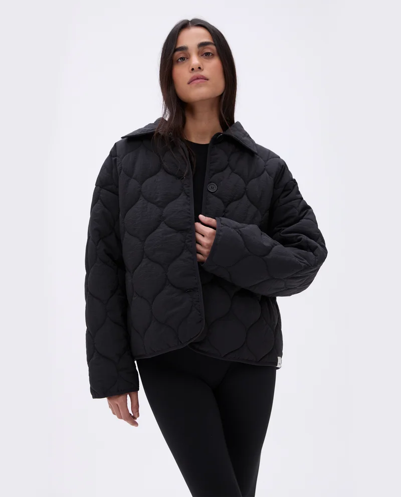 Image of Collared Quilted Boxy Jacket - Black