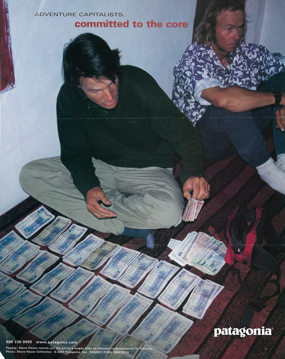 An old Patagonia print ad showing a climber counting foreign currency with the headline: Adventure capitalists. Committed to the Core.