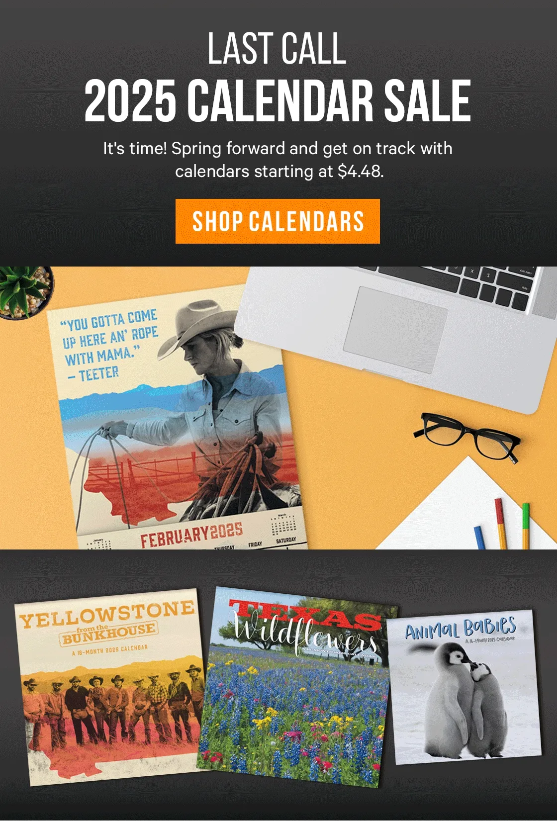 Last Call - 2025 Calendar Sale. It's time! Spring forward and get on track with calendars for a low price.