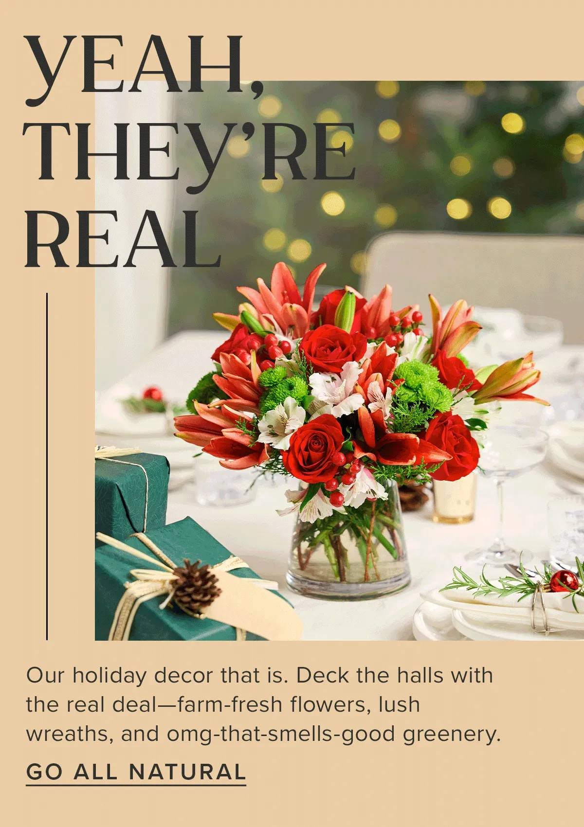 Yea, They're Real -- Our holiday decor that is. Deck the halls with the real deal -- farm-fresh flowers, lush wreaths, and omg-that-smells-good greenery. Go All Natural.