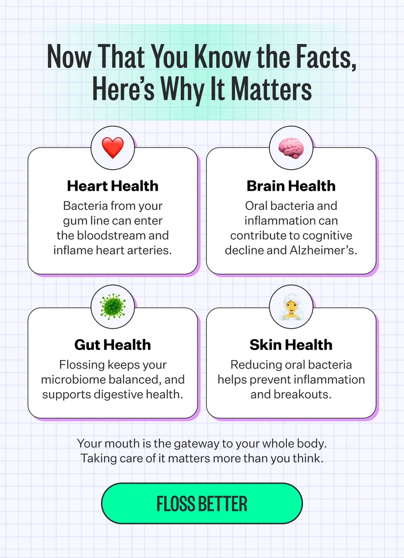 Now That You Know the Facts, Here’s Why It Matters | Heart Health - Bacteria from your gum line can enter the bloodstream and inflame heart arteries. | Brain Health - Oral bacteria and inflammation can contribute to cognitive decline and Alzheimer’s. | Gut Health - Flossing keeps your microbiome balanced, and supports digestive health. | Skin Health - Reducing oral bacteria helps prevent inflammation and breakouts. | Your mouth is the gateway to your whole body. Taking care of it matters more than you think. | Floss Better