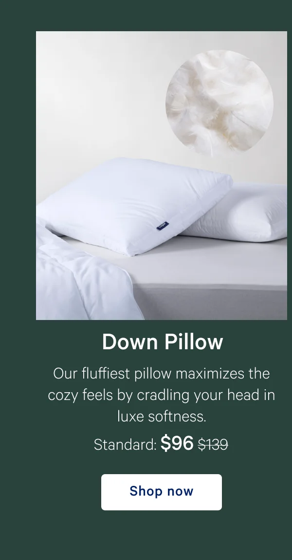Down Pillow >> Our fluffiest pillow maximizes the cozy feels by cradling your head in luxe softness. >> Standard: $96 ($139) >> Shop now >>