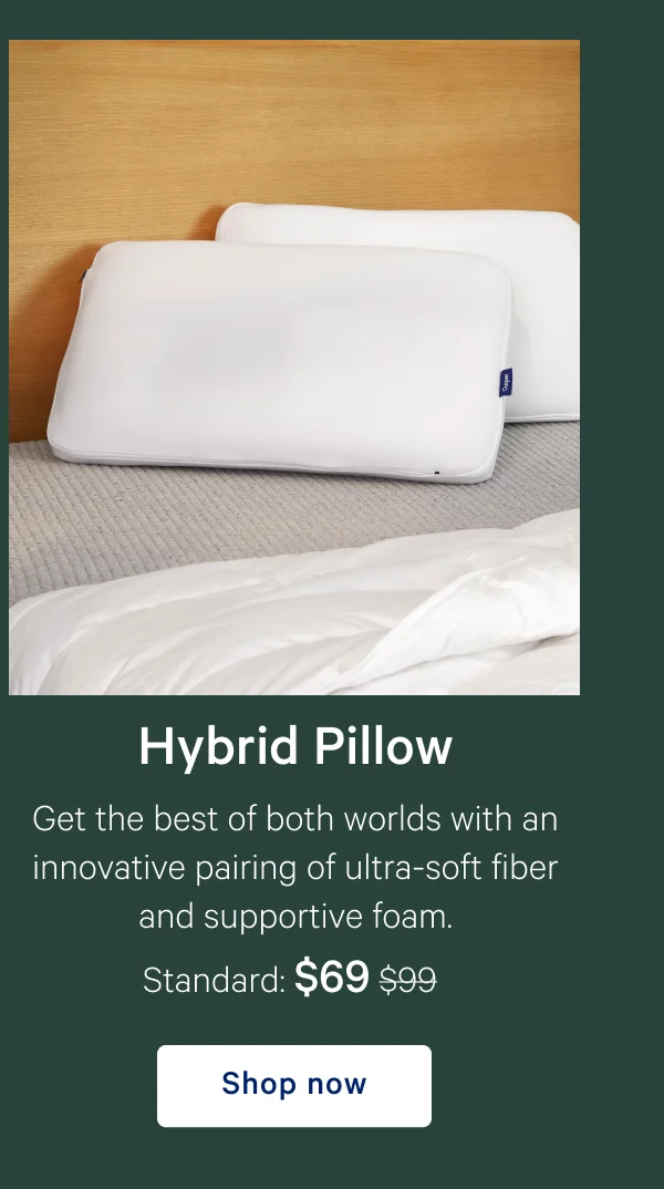 Hybrid Pillow >> Get the best of both worlds with an innovative pairing of the ultra-soft fiber and supportive foam. >> Standard: $69 ($99) >> Shop now >>