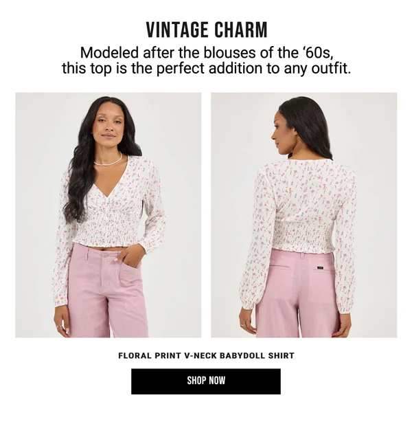 Vintage Charm. Floral Print V-Neck Babydoll Shirt. Shop Now.