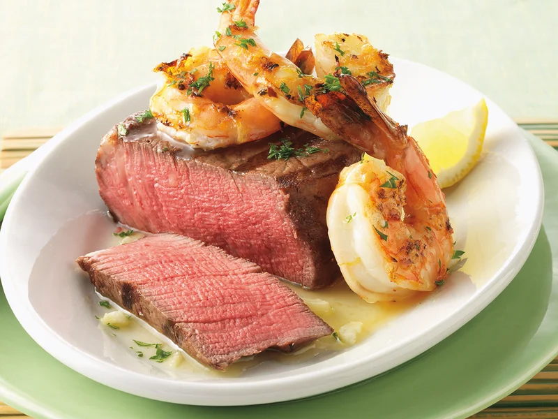 Filet Mignon Steaks with Garlicky Shrimp