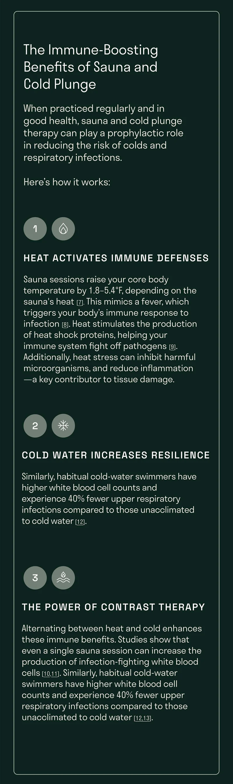 When practiced regularly and in good health, sauna and cold plunge therapy can play a prophylactic role in reducing the risk of colds and respiratory infections.