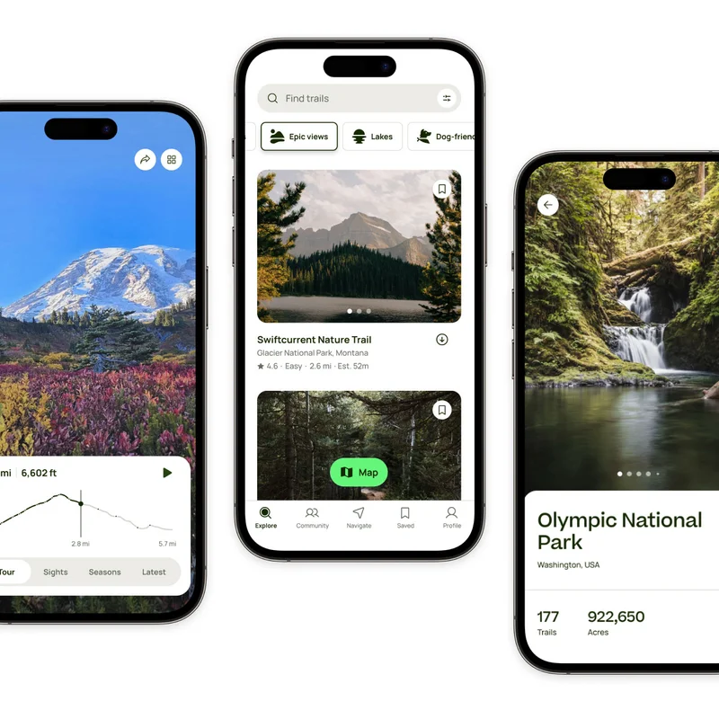 AllTrails app screens showing new features as part of the 2024 summer release