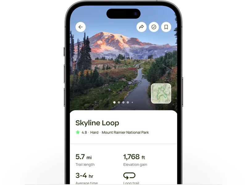AllTrails app screen showing new trail details page of Skyline Loop