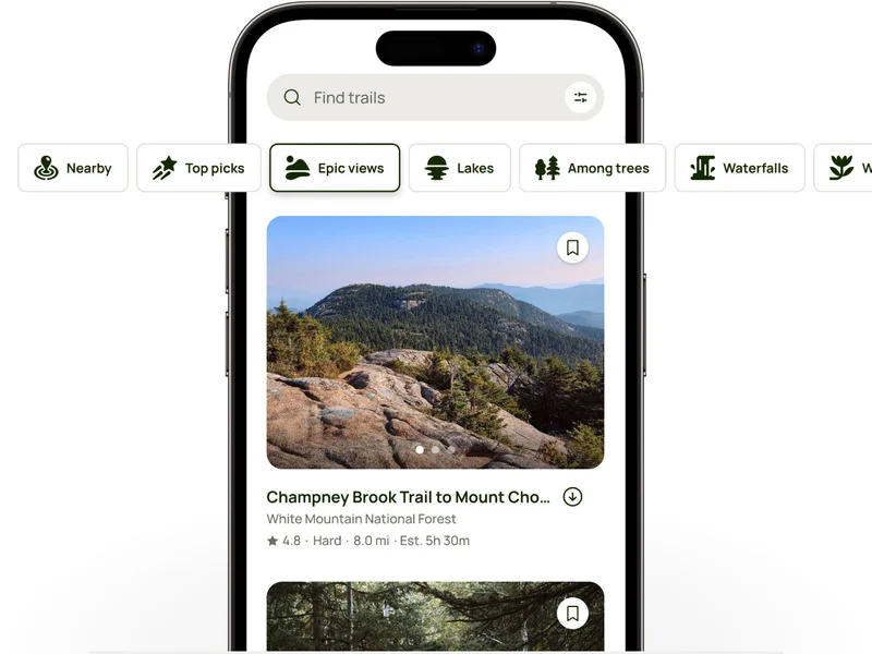 AllTrails app screen that shows new Collections feature with Epic views selected