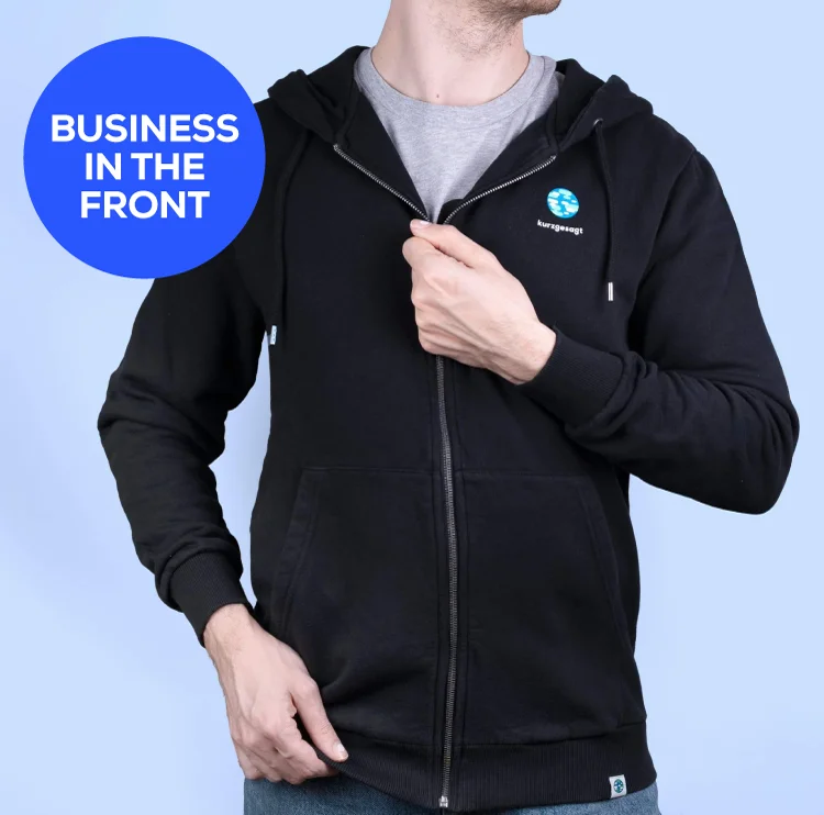 Front view of the Zip Hoodie "Business in the Front"