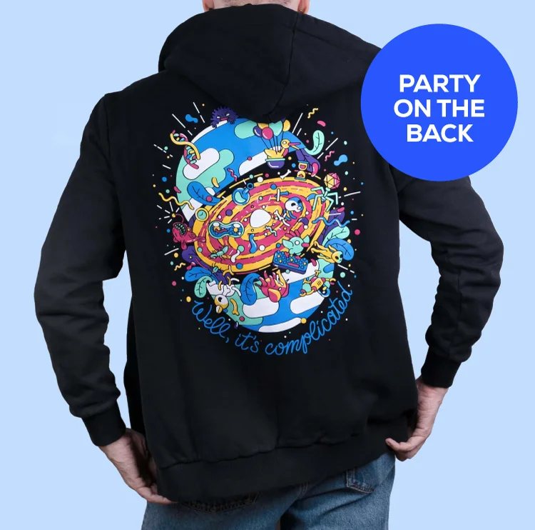 Back view of the Zip Hoodie "Party on the Back"