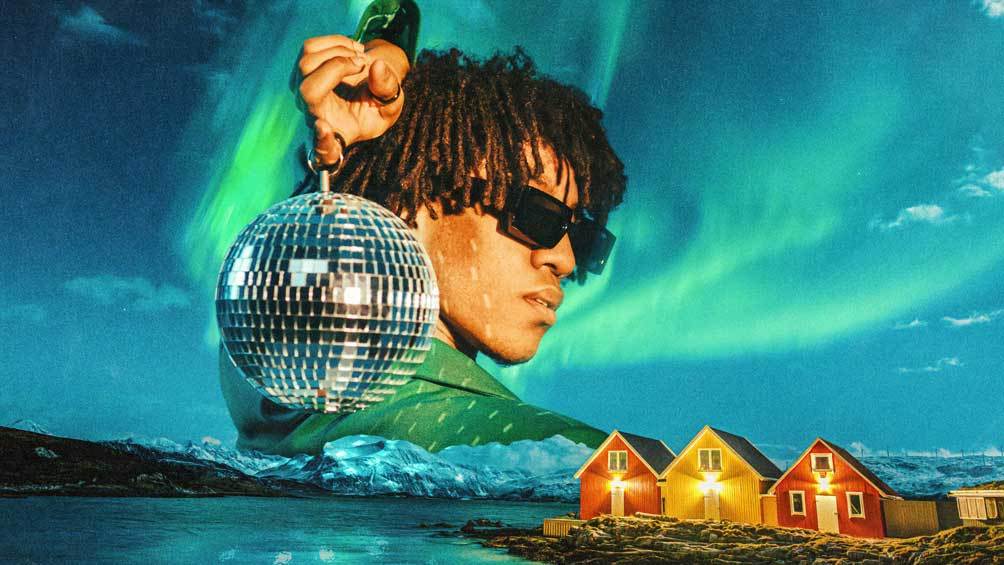 Image description: A Black person holding a disco ball collaged into the northern lights sky with landscape behind.