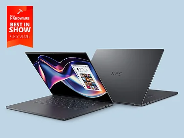 Two partially open XPS 16 laptop computers arranged back-to-back beneath a Tom’s Hardware Best in Show CES 2026 logo.