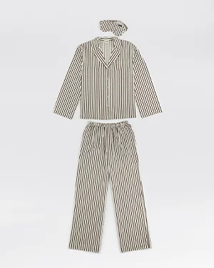 Cotton Sateen Stripe Pyjamas - Marshmallow White/Coffee Bean