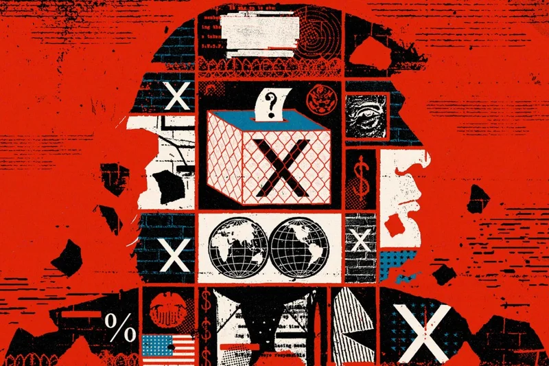 A red, black, white and blue graphic of Trump's face in profile with various boxes holding symbols, maps, flags, and a voting box.