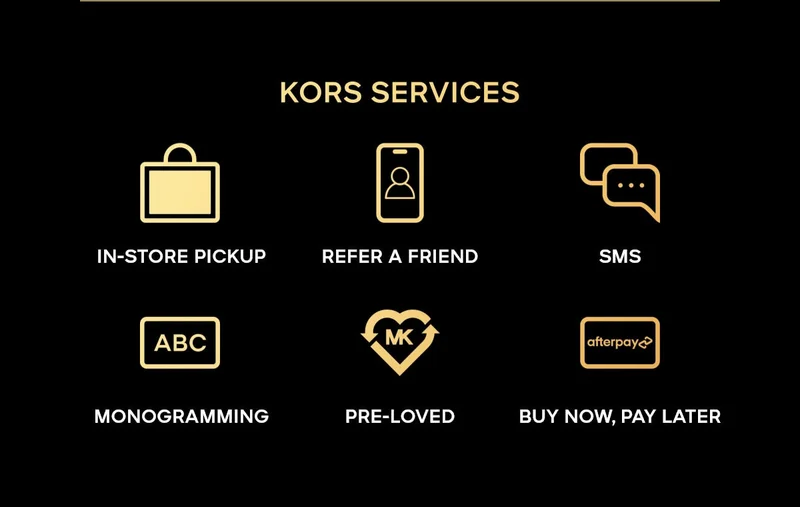 KORS SERVICES IN-STORE PICKUP REFER A FRIEND SMS MONOGRAMMING PRE-LOVED BUY NOW, PAY LATER