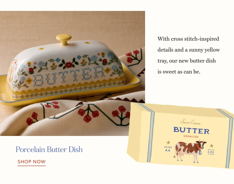 With cross stitch-inspired details and a sunny yellow tray, our new butter dish is sweet as can be. | Porcelain Butter Dish | SHOP NOW