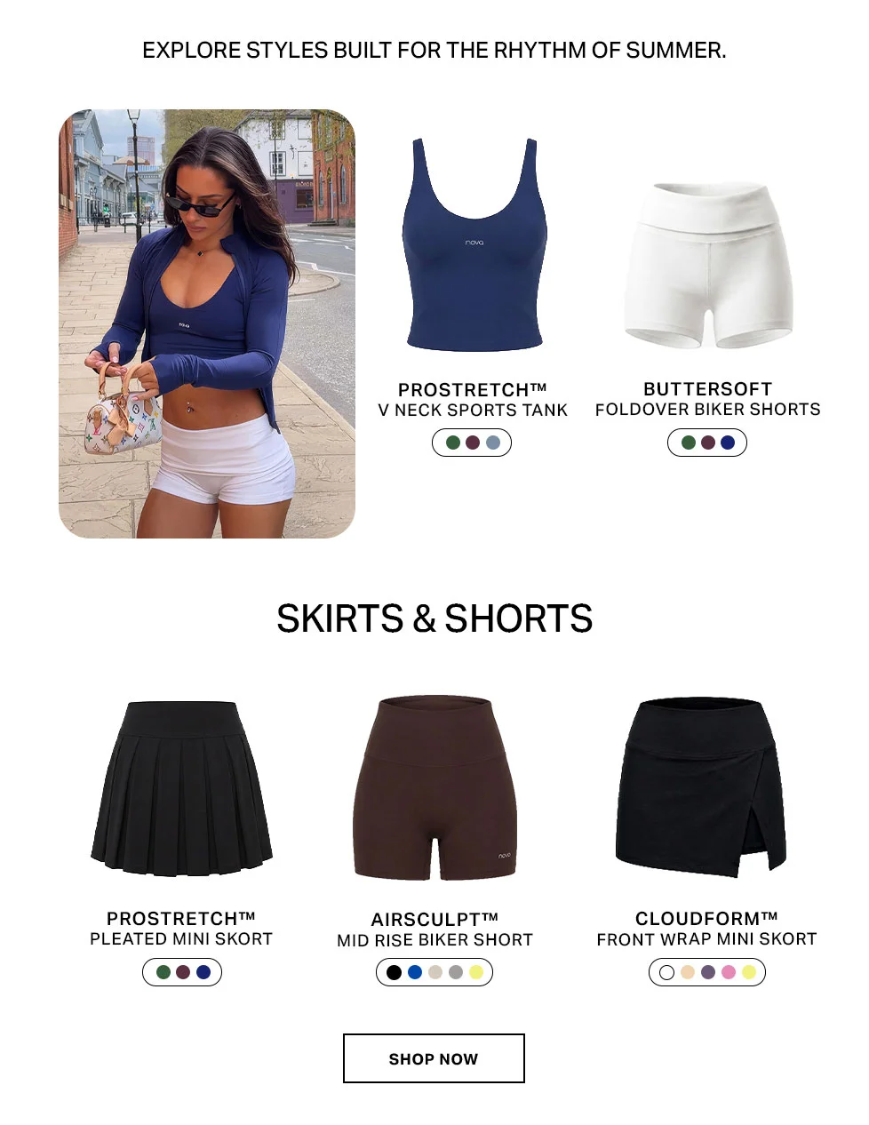 Woman in navy activewear & white biker shorts. Shop ProStretch sports tanks, Buttersoft biker shorts, Airsculpt, Cloudform skorts & shorts.