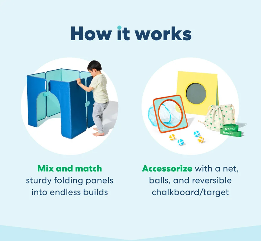 How it works Mix and match sturdy folding panels into endless builds Accessorize with a net, balls, and reversible chalkboard/target